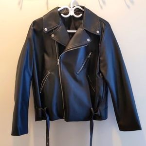 Leather biker jacket with belt